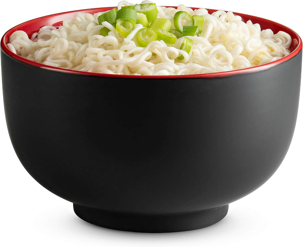 KooK Ceramic Japanese Noodle Bowl Set, 34 oz, Set of 4, Black/Red