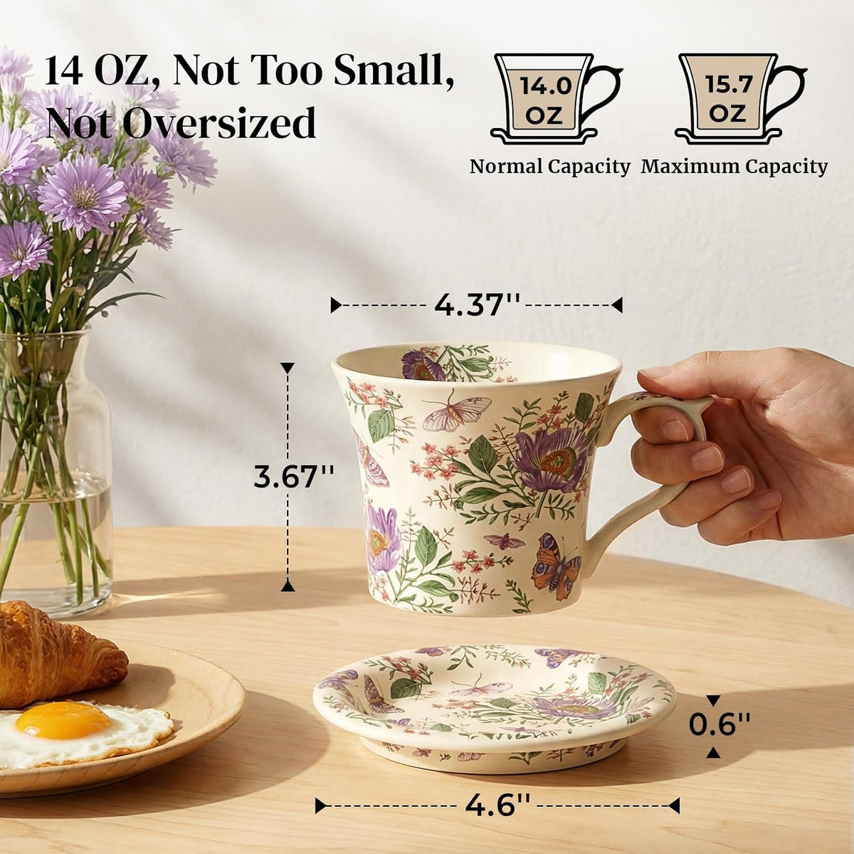 DOWAN 14 oz Tea Cup and Saucer Set, Vintage Coffee Mug with Lid for Cappuccino, Latte, and Hot Cocoa, Cute Tea Mug Gift for Her, Microwave & Dishwasher Safe, Purple Poppy