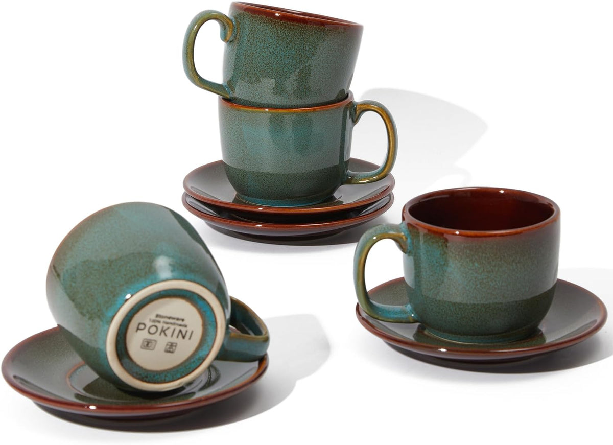 Pokini Stoneware Coffee Cups with Saucers, Cappuccino Cups, Mugs Set of 4