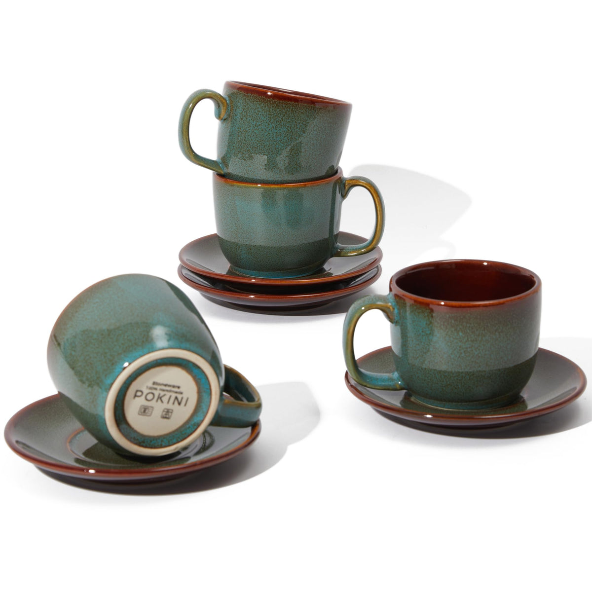 Pokini Stoneware Coffee Cups with Saucers, Cappuccino Cups, Mugs Set of 4