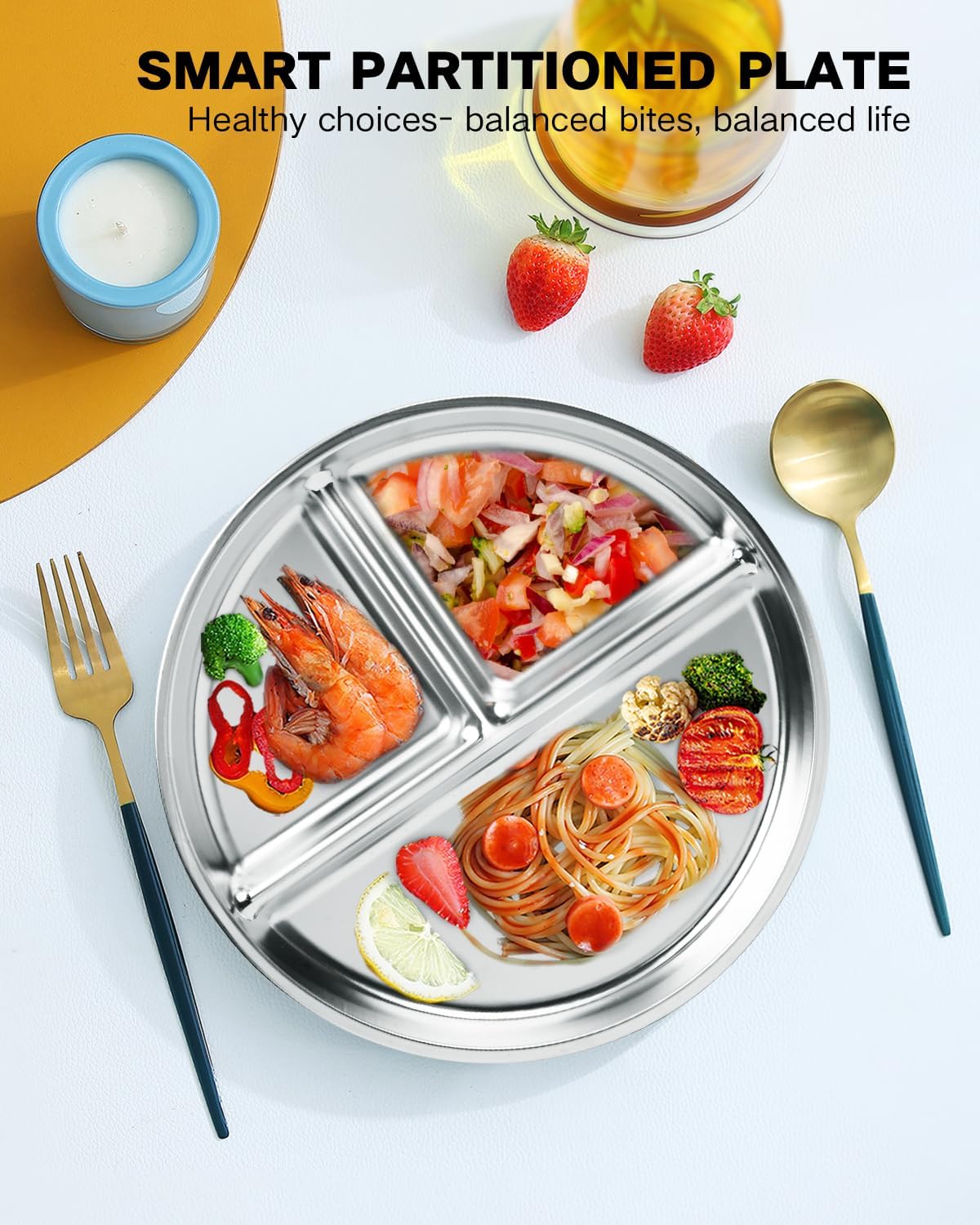 Bakpoco Stainless Steel Kids Plates Set of 4, 9" Portion Control Plates Divided Plate for Adults Toddlers Balance Lunch, Bariatric & Diabetic Diet, Non Toxic Camping Metal Snack Plate for Eating