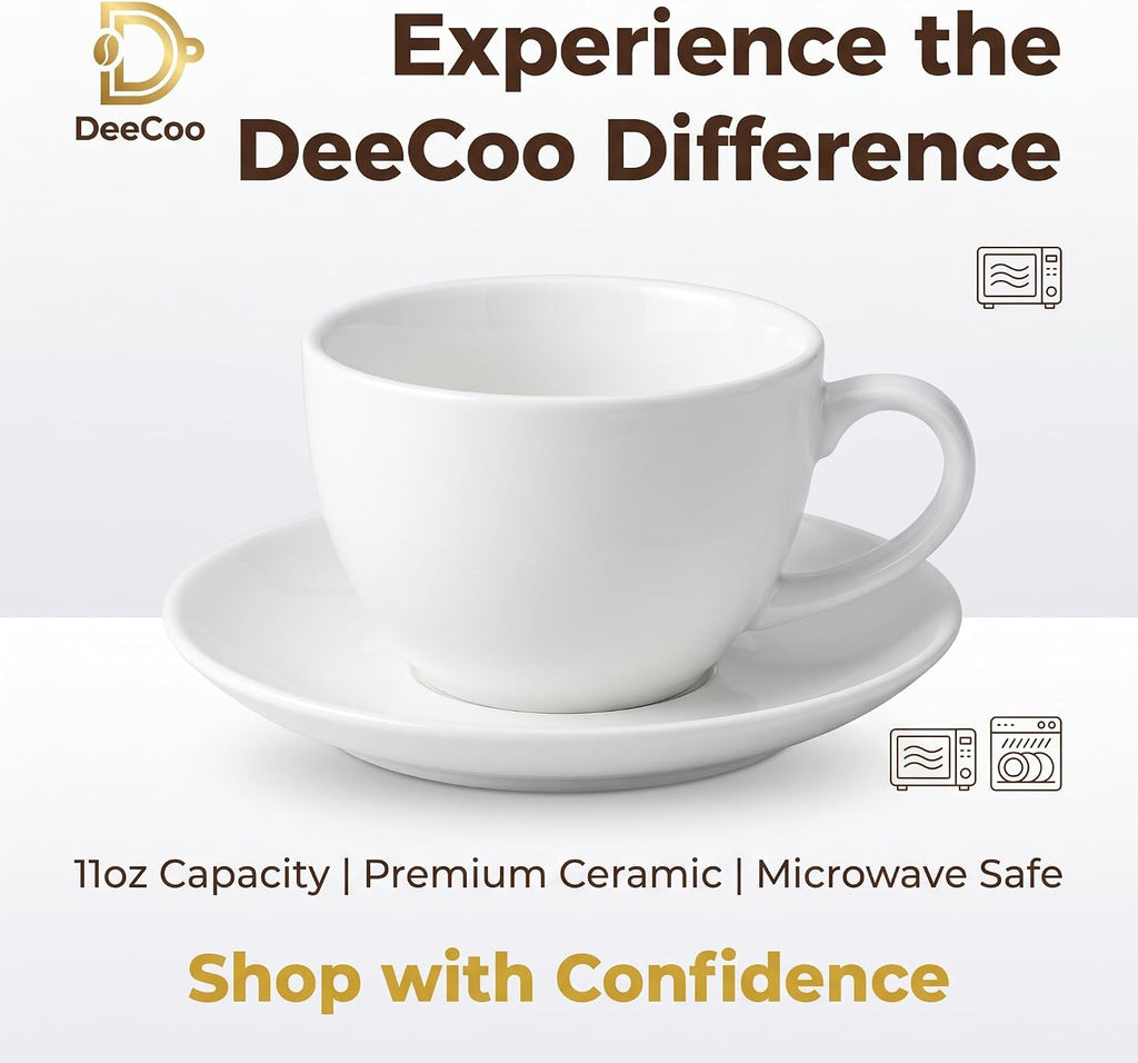 DeeCoo 11 oz White Cappuccino Mug- Large Ceramic Coffee Cup with Saucer - Microwave and Dishwasher Safe, Perfect For Tea, Espresso, Latte - Porcelain Set for Kitchen or Cafe, Baristas, Great Gift