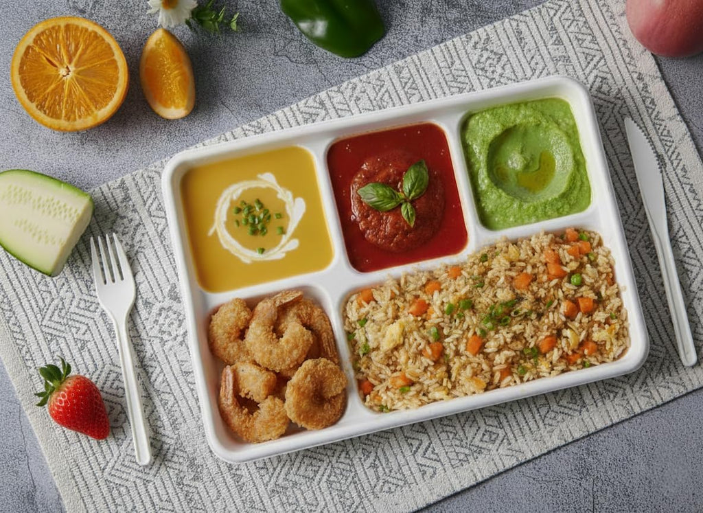 Large 5-Compartment Plate Disposable(12.5"x8.5"), 100 Plates, Disposable Paper Tray, Compostable Divided Dinner Plates, Paper Tray for Food and Party