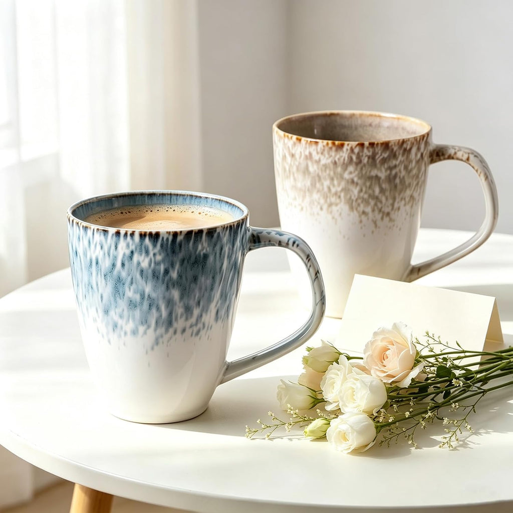 Stoneware Coffee Mugs Set of 2, 17oz Hand-Painted Coffee Cups with Handle