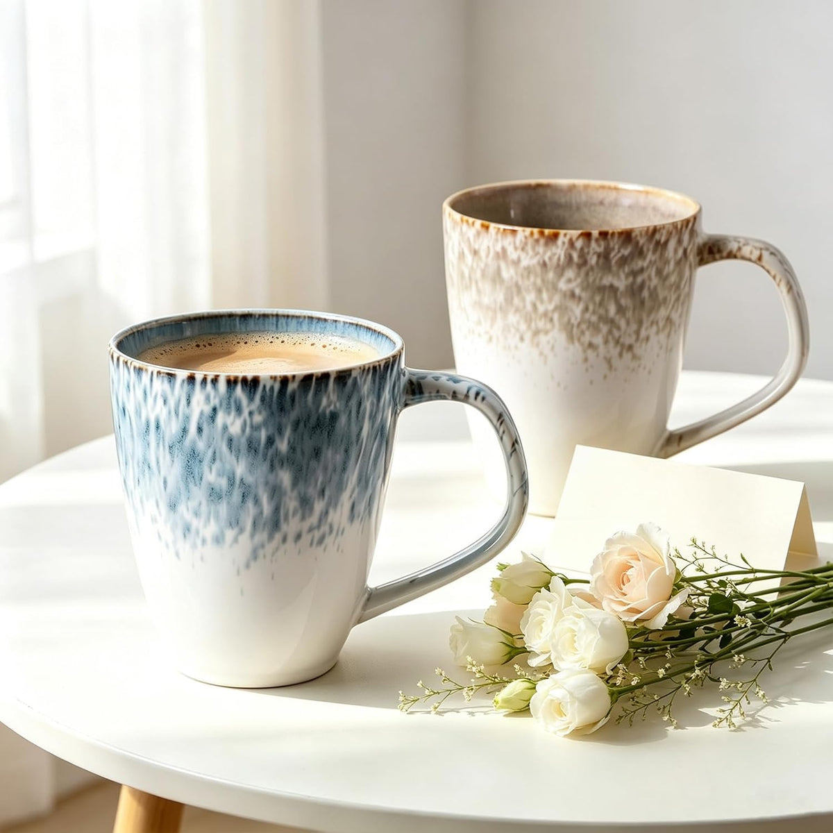 Stoneware Coffee Mugs Set of 2, 17oz Hand-Painted Coffee Cups with Handle