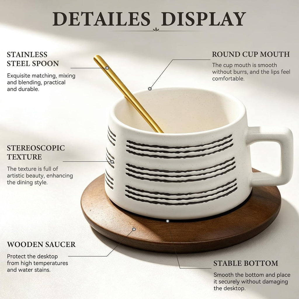 9.5 oz Vintage Ceramic Coffee Mug Set with Wooden Saucer & Metal Spoon