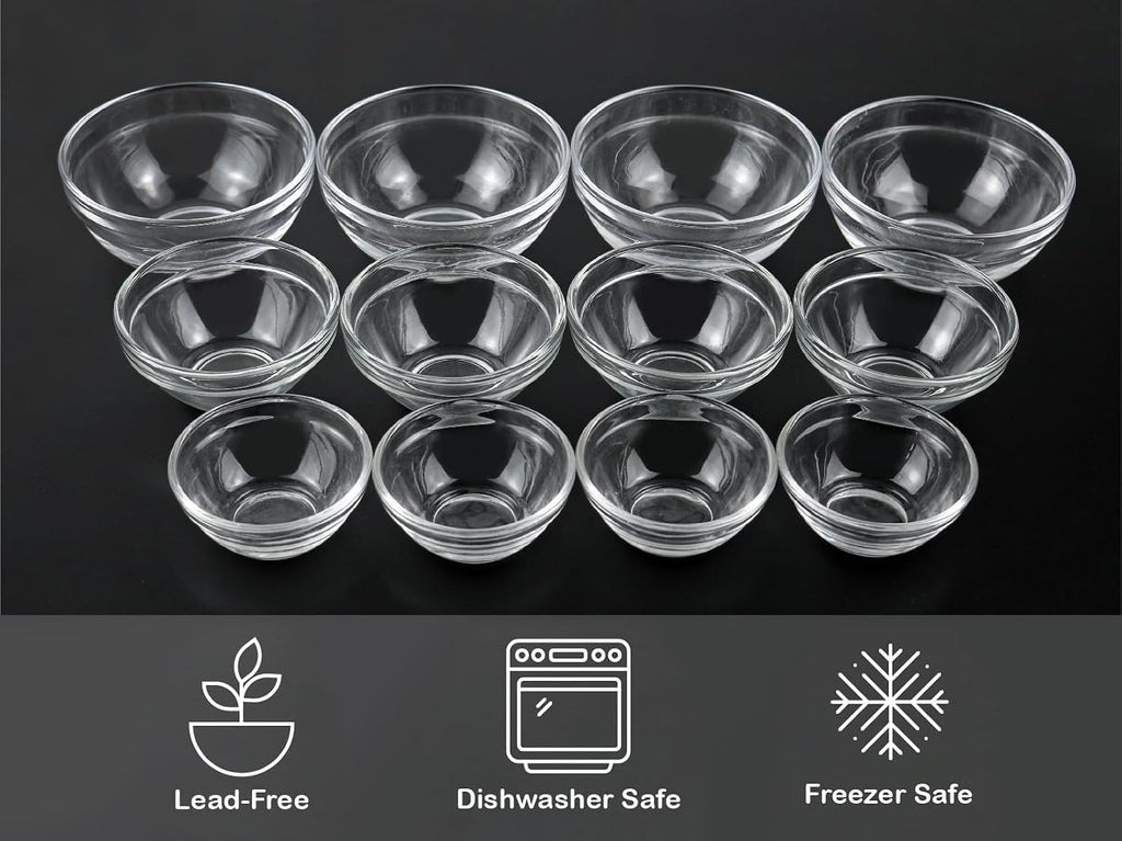 HillSpring 3 Sizes of Glass Prep Bowl Sets, Clear Small Pinch Bowls for Salt, Spices and Chopped Ingredients, 1.5oz/2.5oz/3.5oz, Set of 12