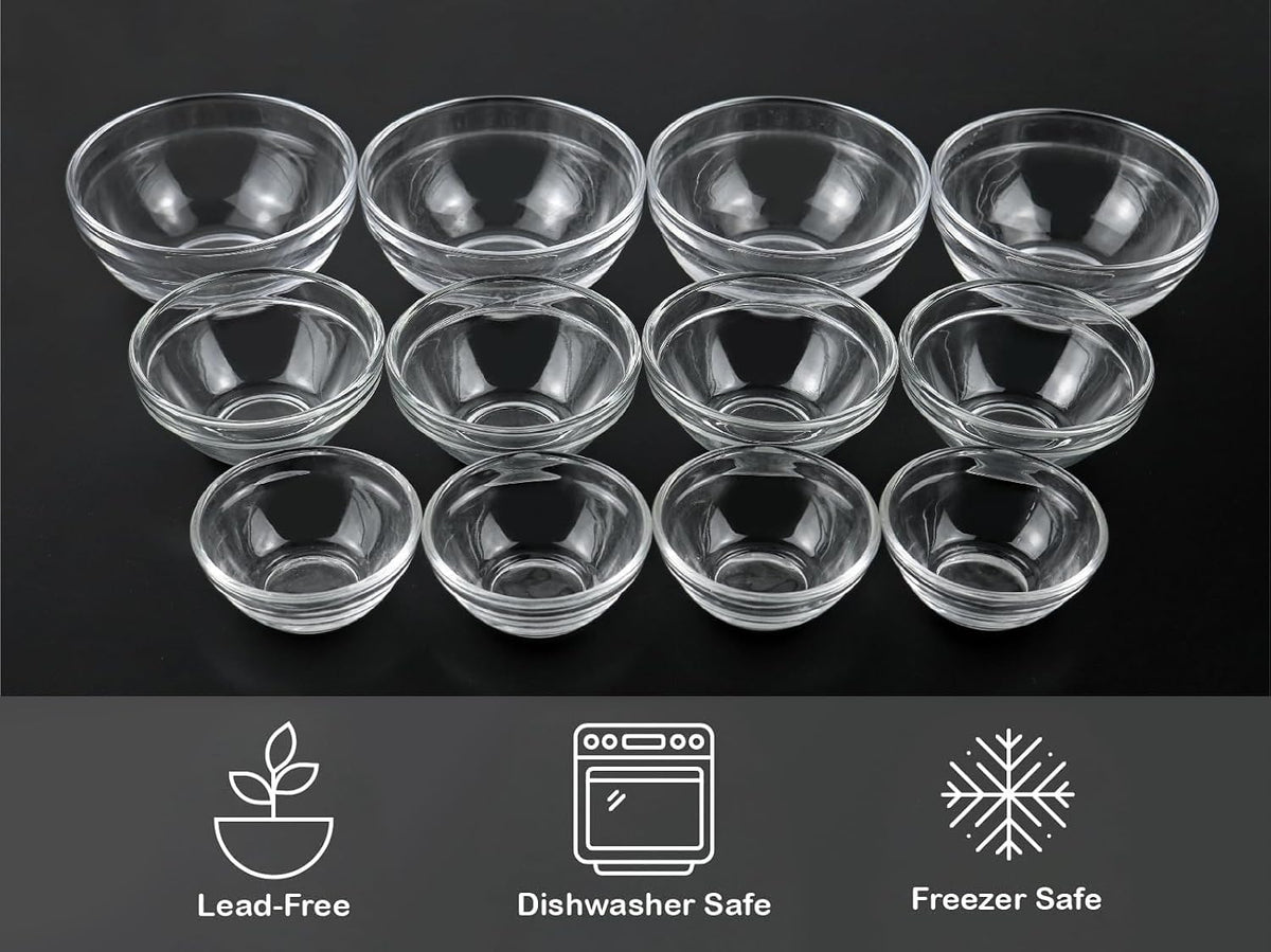 HillSpring 3 Sizes of Glass Prep Bowl Sets, Clear Small Pinch Bowls for Salt, Spices and Chopped Ingredients, 1.5oz/2.5oz/3.5oz, Set of 12