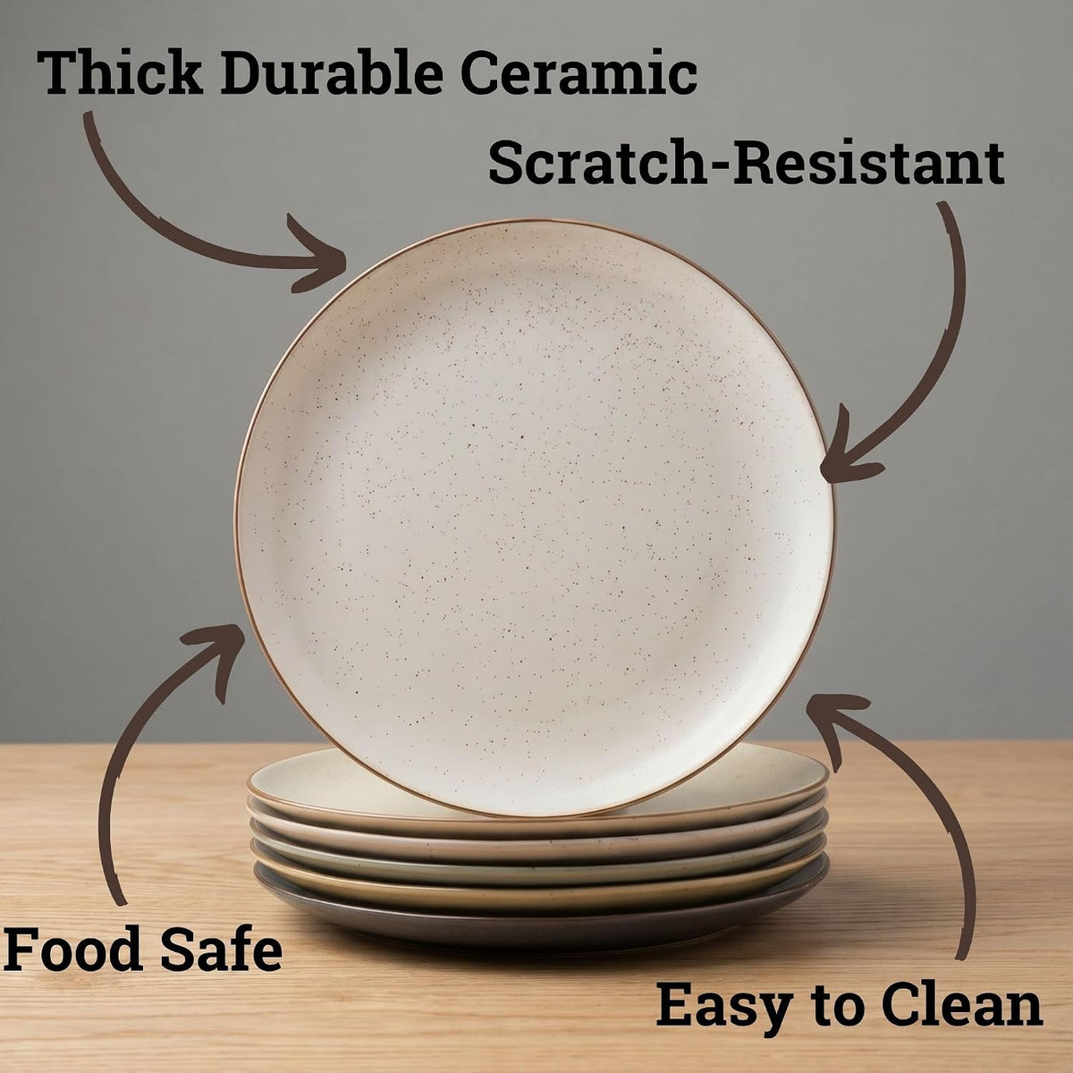 Ceramic Dinner Plates Set of 6, 10.25 Inch, Stoneware, 6 Beautiful Colors