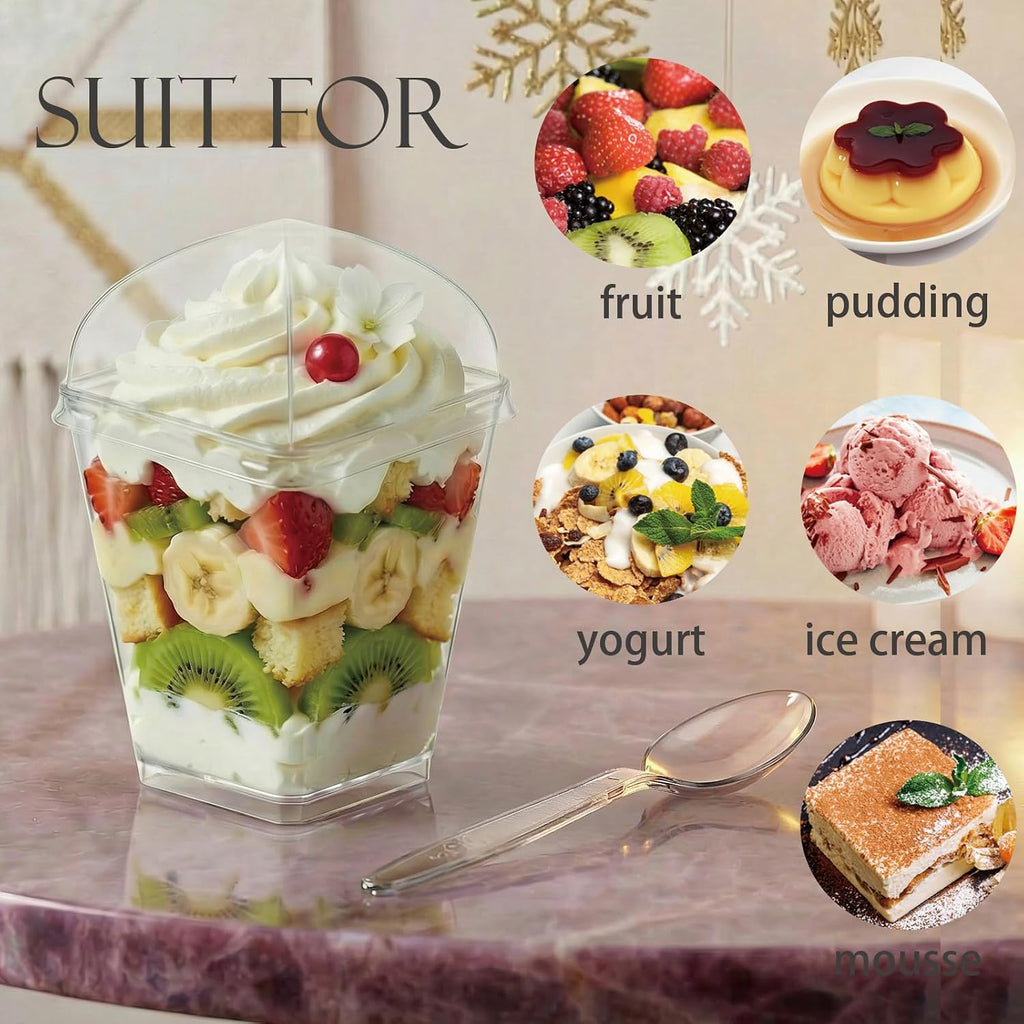 Hiasobre 5 oz Plastic Dessert Cups with Lids and Spoons, 50 Pack