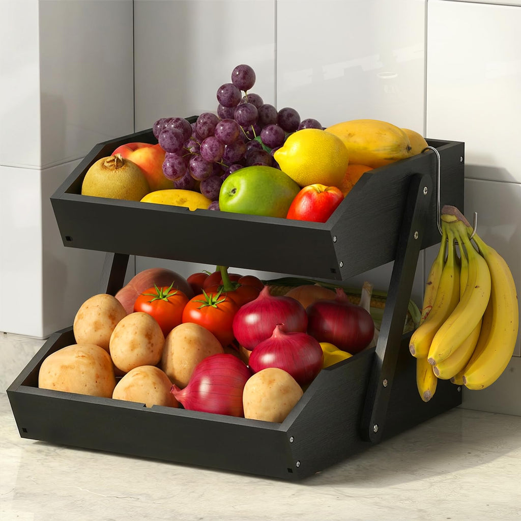 Sevenblue 3-Tier Bamboo Fruit Basket with 2 Banana Holders