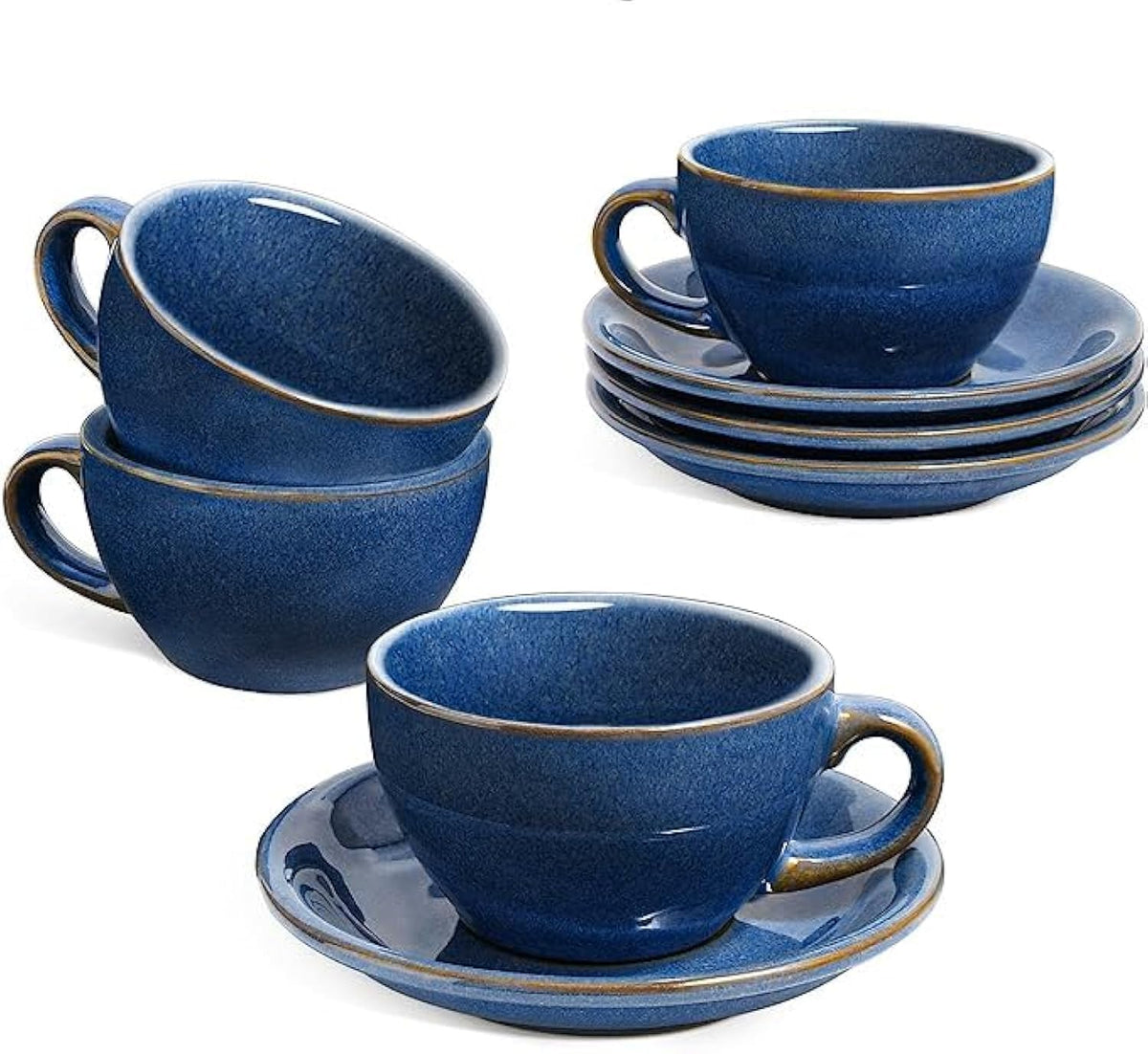 LE TAUCI 6 oz Cappuccino Cups with Saucers, Set of 4 Ceramic Coffee Cup and Saucer Set for Latte, Au Lait, Flat White, Mocha, Tea, Embossed Coffee Cups, Ceylon Blue