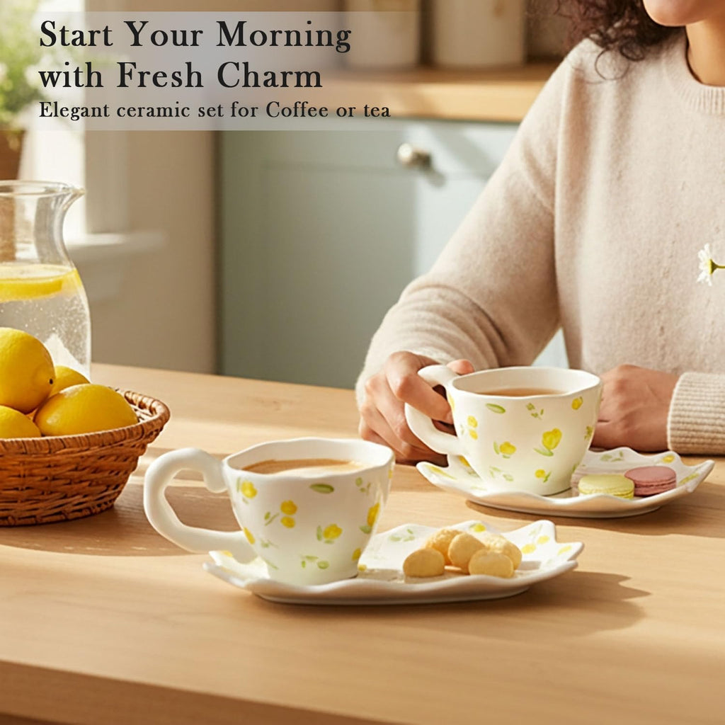 Unique Ceramic Tea Cup and Saucer Set, Coffee Mug, Cup and Saucer Set, Cute Fancy Women's Day Girly Afternoon Tea Set, 5.4 oz/160 ml Vintage Style, For Women and Tea Parties, Yellow flowers