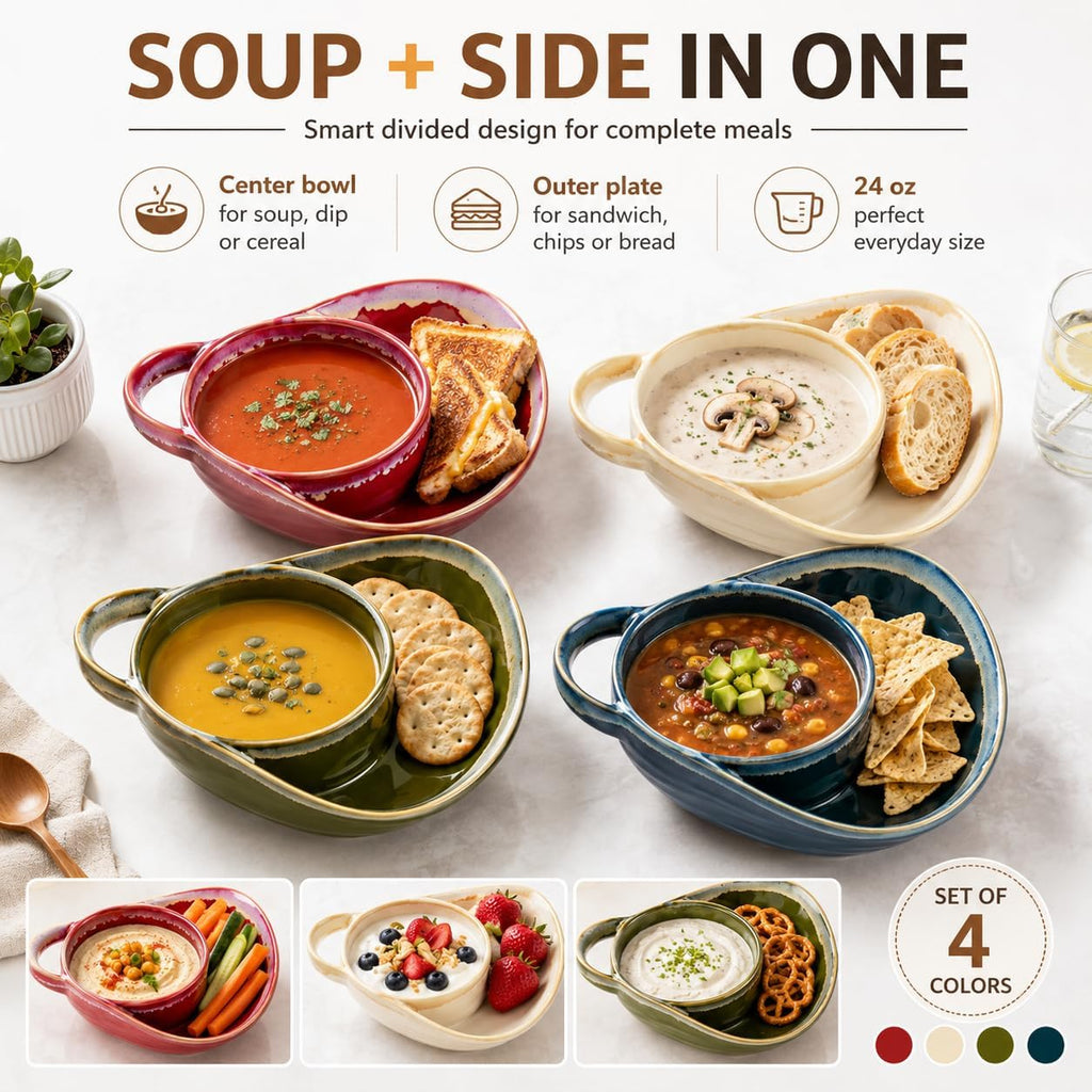 Soup and Sandwich Bowl, New Soup and Sandwich Plate Combo, Soups and Bread Bowl Combo for Breakfast Cookies Bread Salad Fruits (White)