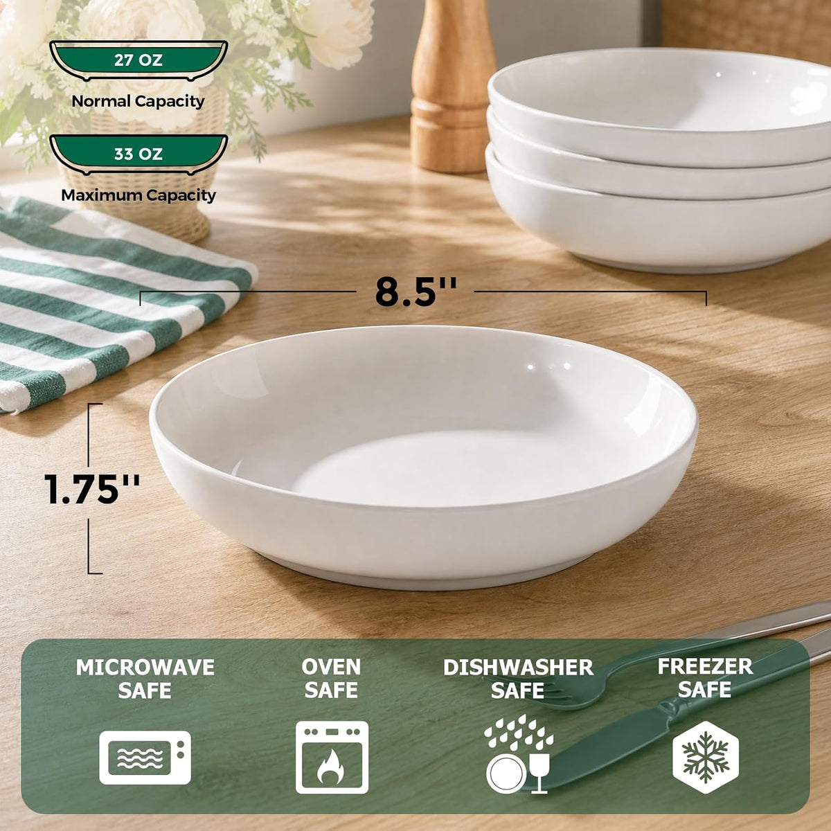 Y YHY Pasta Bowls Set of 6, High-Fired Porcelain White Salad Bowls 30 oz Wide Shallow Serving Soup Bowls, Microwave Dishwasher Safe 8.5" Pasta Plates Kitchen Bowls for Dinner Family Gatherings