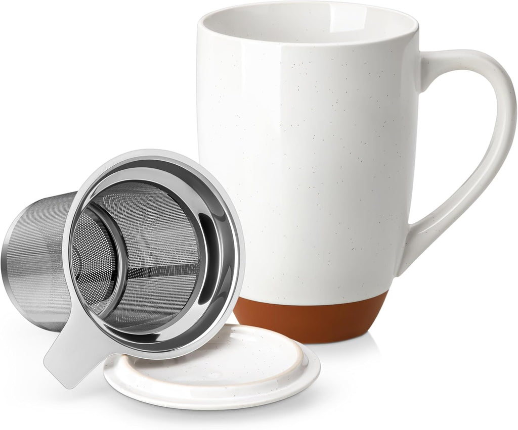 MALACASA Ceramic 18 oz Tea Mug with Lid and Infuser, Khaki White