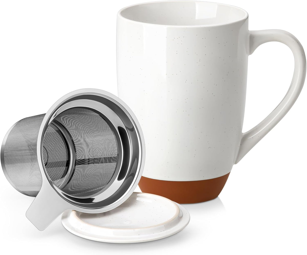 MALACASA Ceramic 18 oz Tea Mug with Lid and Infuser, Khaki White