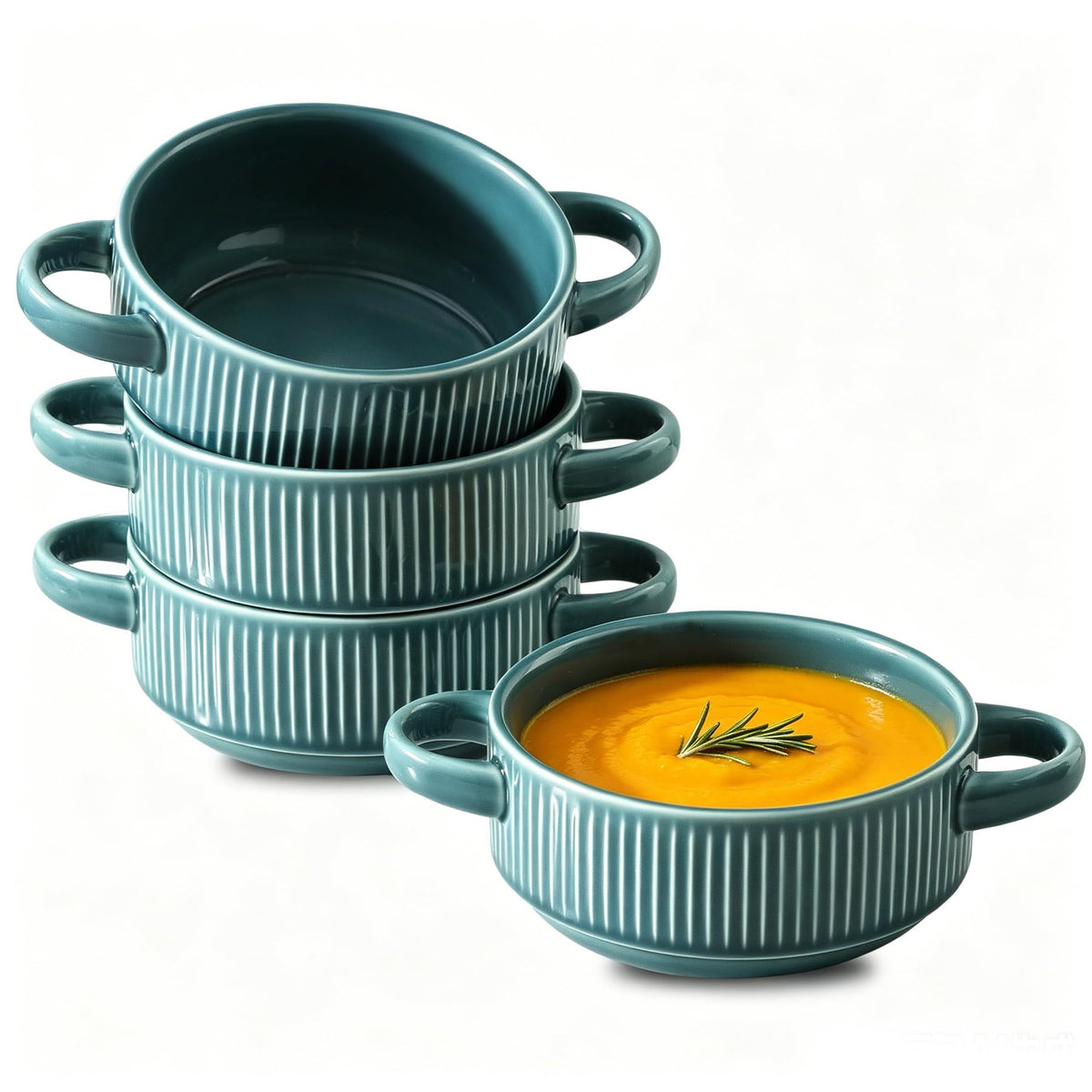 Soup Bowls with Handles, 23 oz French Onion Soup Crocks, Stackable Soup Bowl Oven Safe for Chili, Beef Stew, Embossment Ceramic Bowl Set - 5.4 Inch, Set of 4 (Green)
