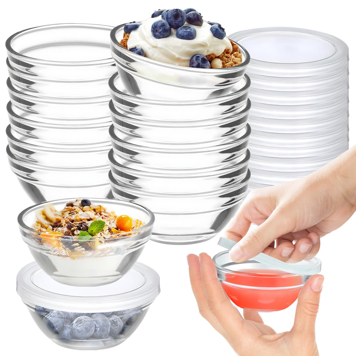 6 Pack Mini 3 Inch Small Glass Bowls with 12 Pack Lids