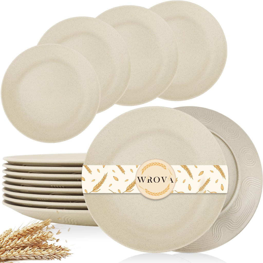 Wrova White Plastic Plates 10 Inch, Reusable Wheat Straw Plates Set of 8