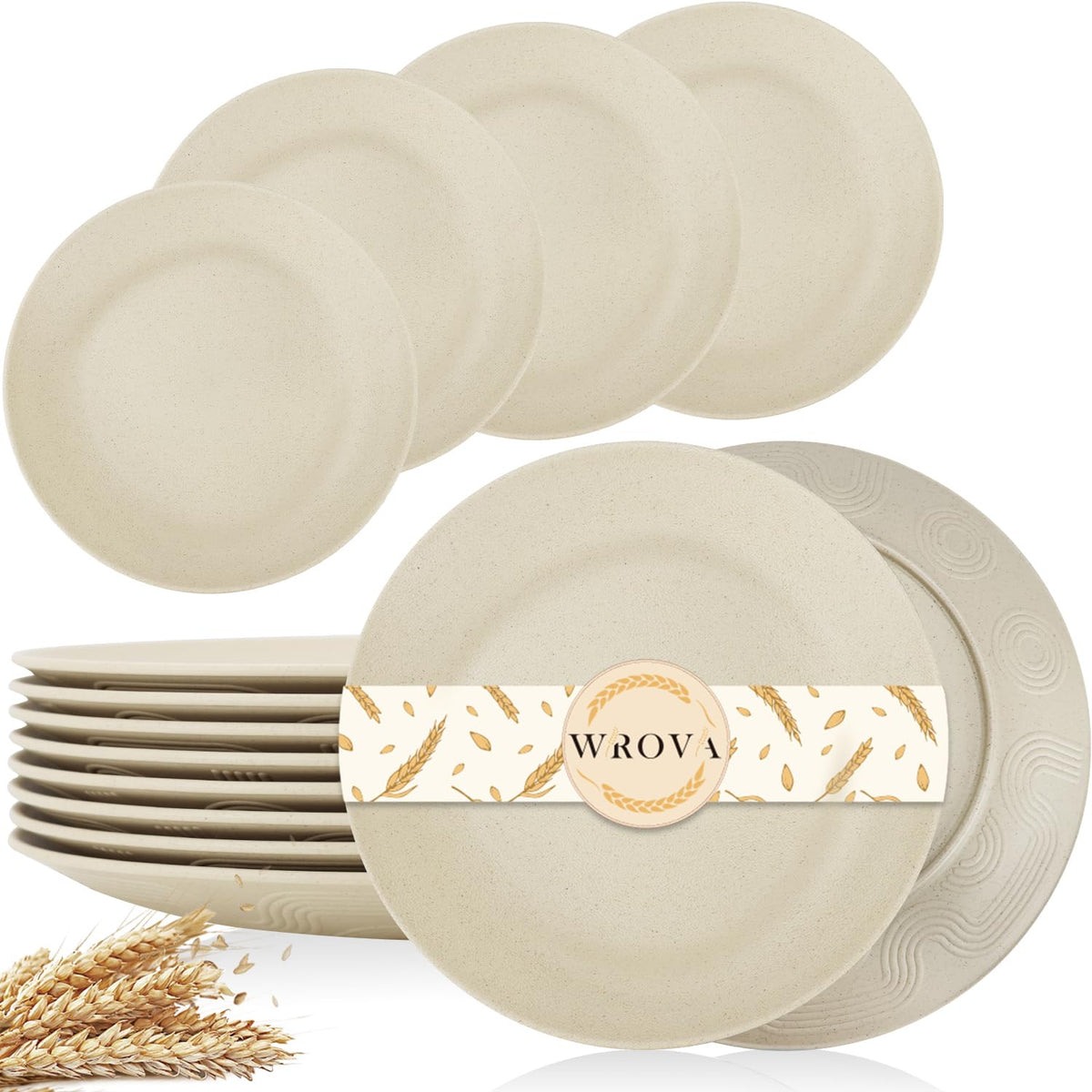 Wrova White Plastic Plates 10 Inch, Reusable Wheat Straw Plates Set of 8