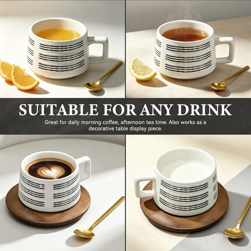 9.5 oz Vintage Ceramic Coffee Mug Set with Wooden Saucer & Metal Spoon