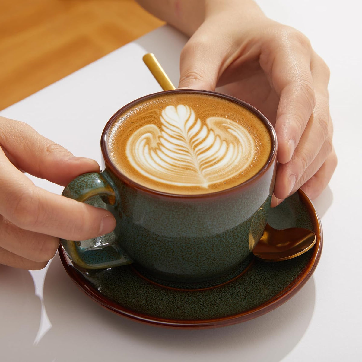 Pokini Stoneware Coffee Cups with Saucers, Cappuccino Cups, Mugs Set of 4