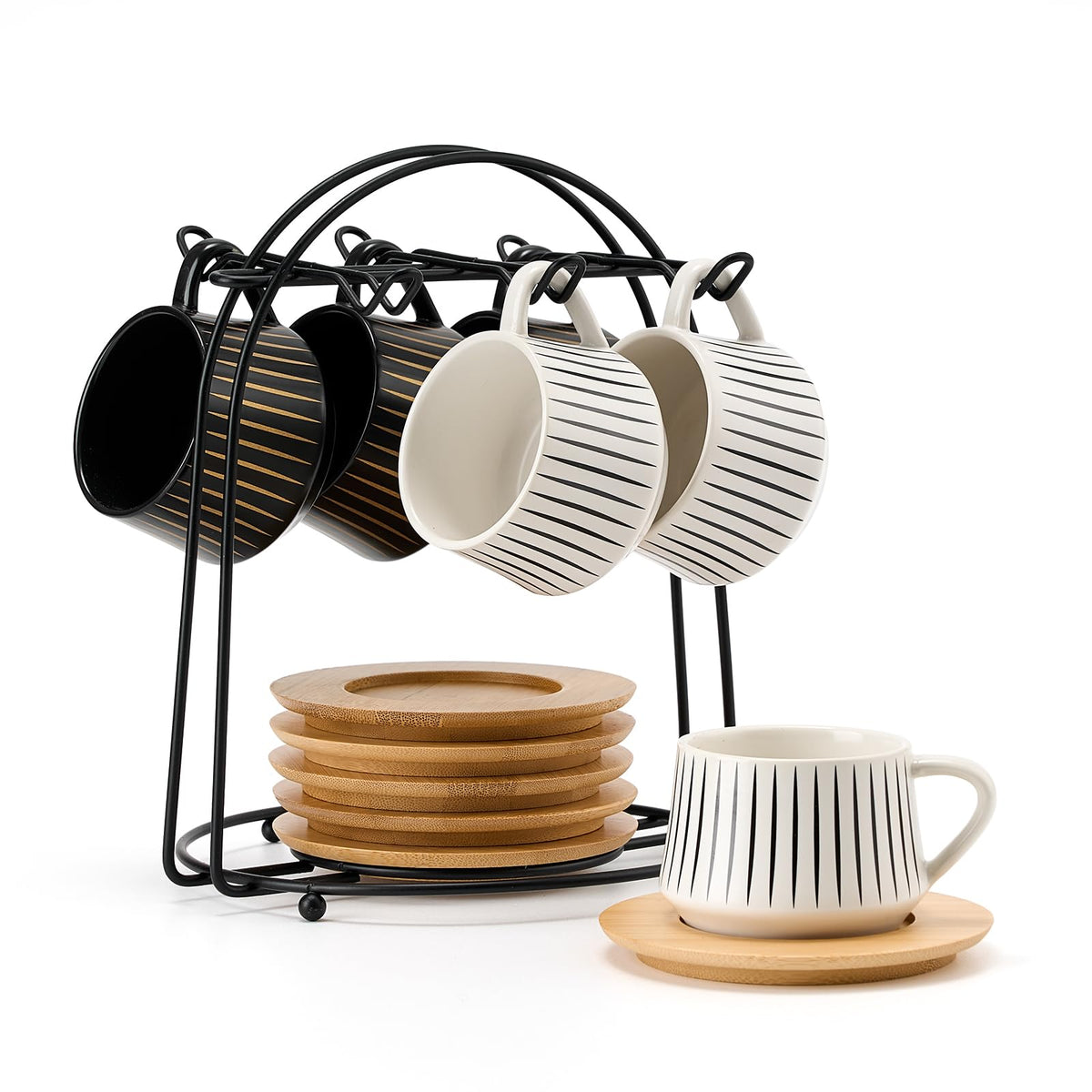 LUKA Ceramic Coffee Espresso Cups with Saucers Set with Metal Holder, 4.4 oz Porcelain Demitasse Cups For Tea, Espresso, Latte, Coffee, Cafe Mocha, Set of 6, White
