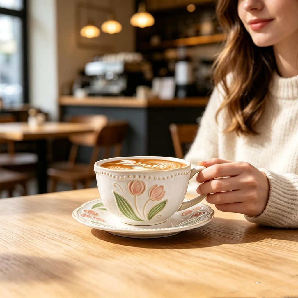 12oz Valley Ceramic Coffee Cup & Saucer Set for Cappuccino Tea Mug