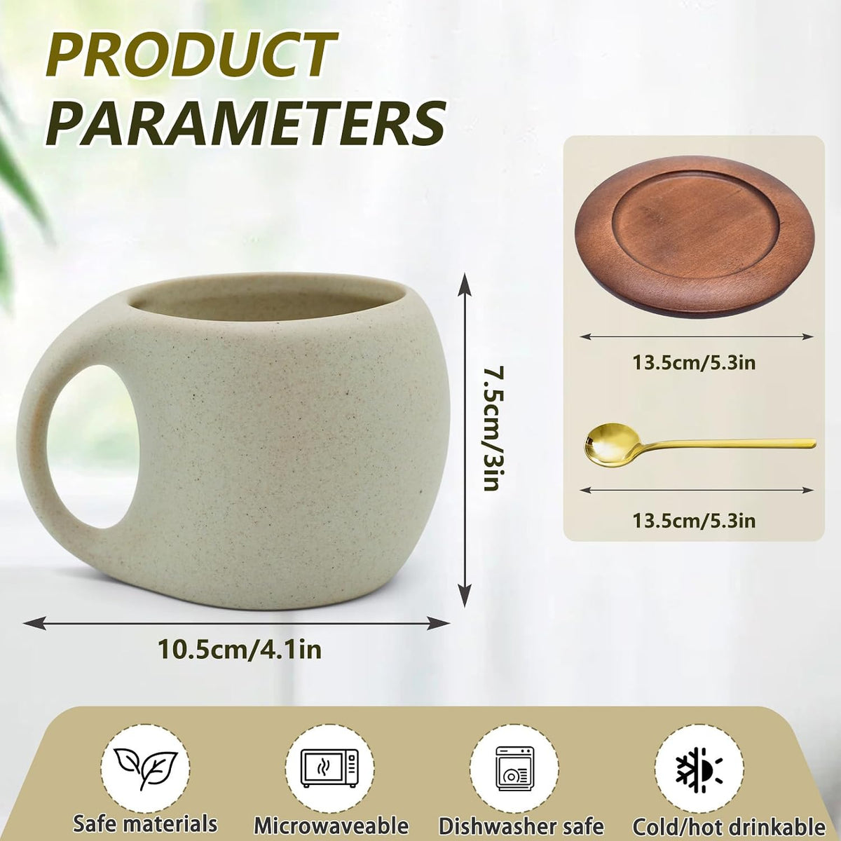 Ceramic Coffee Mug with Natural Wood Saucer & Spoon, 8.5oz Rustic Drinkware