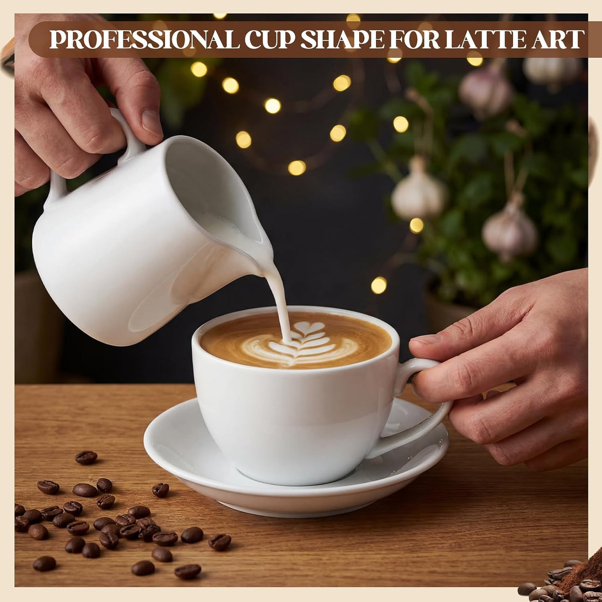 4 Set 16oz Cappuccino Cups with Saucers, Heavyweight Porcelain