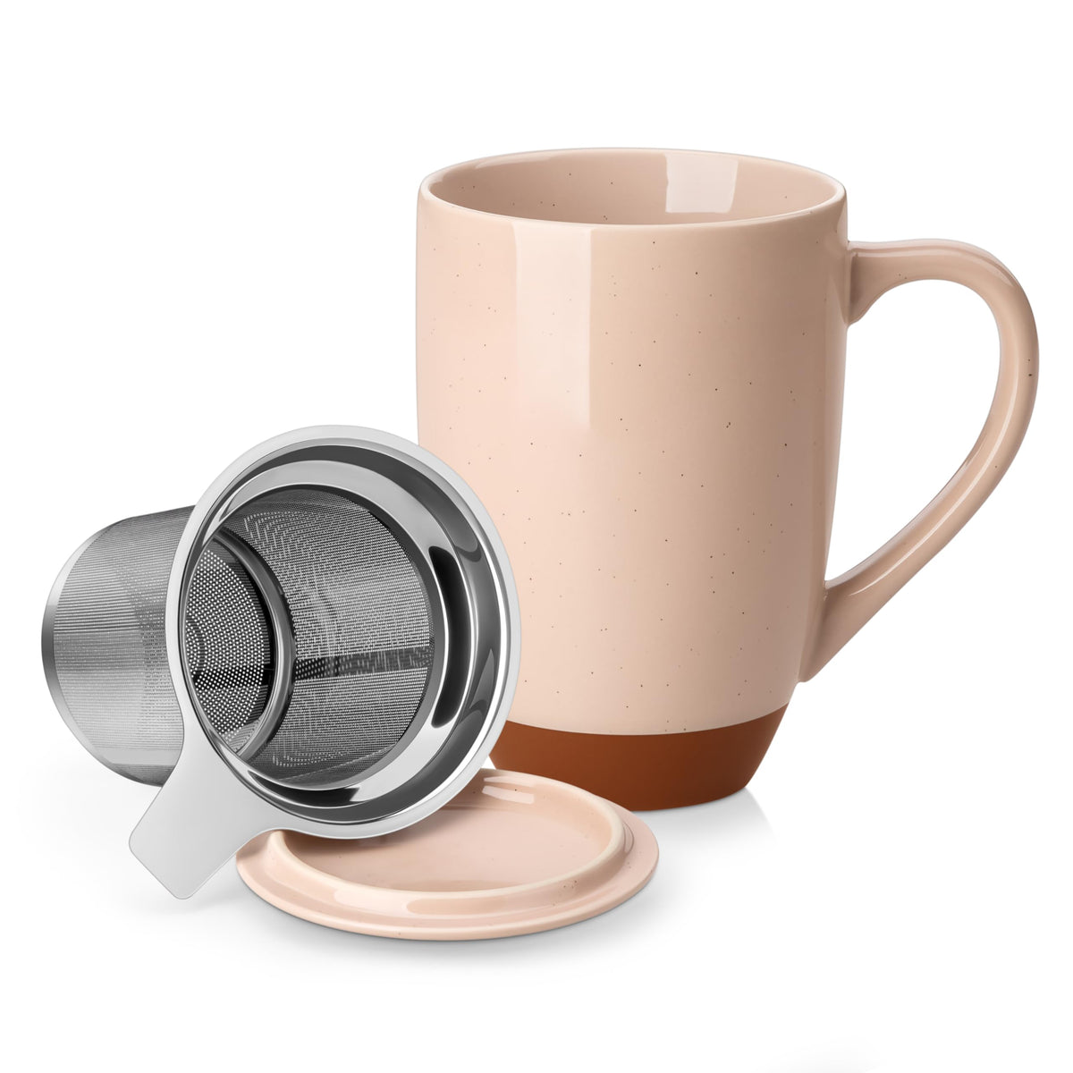 MALACASA Ceramic 18 oz Tea Mug with Lid and Infuser, Khaki White