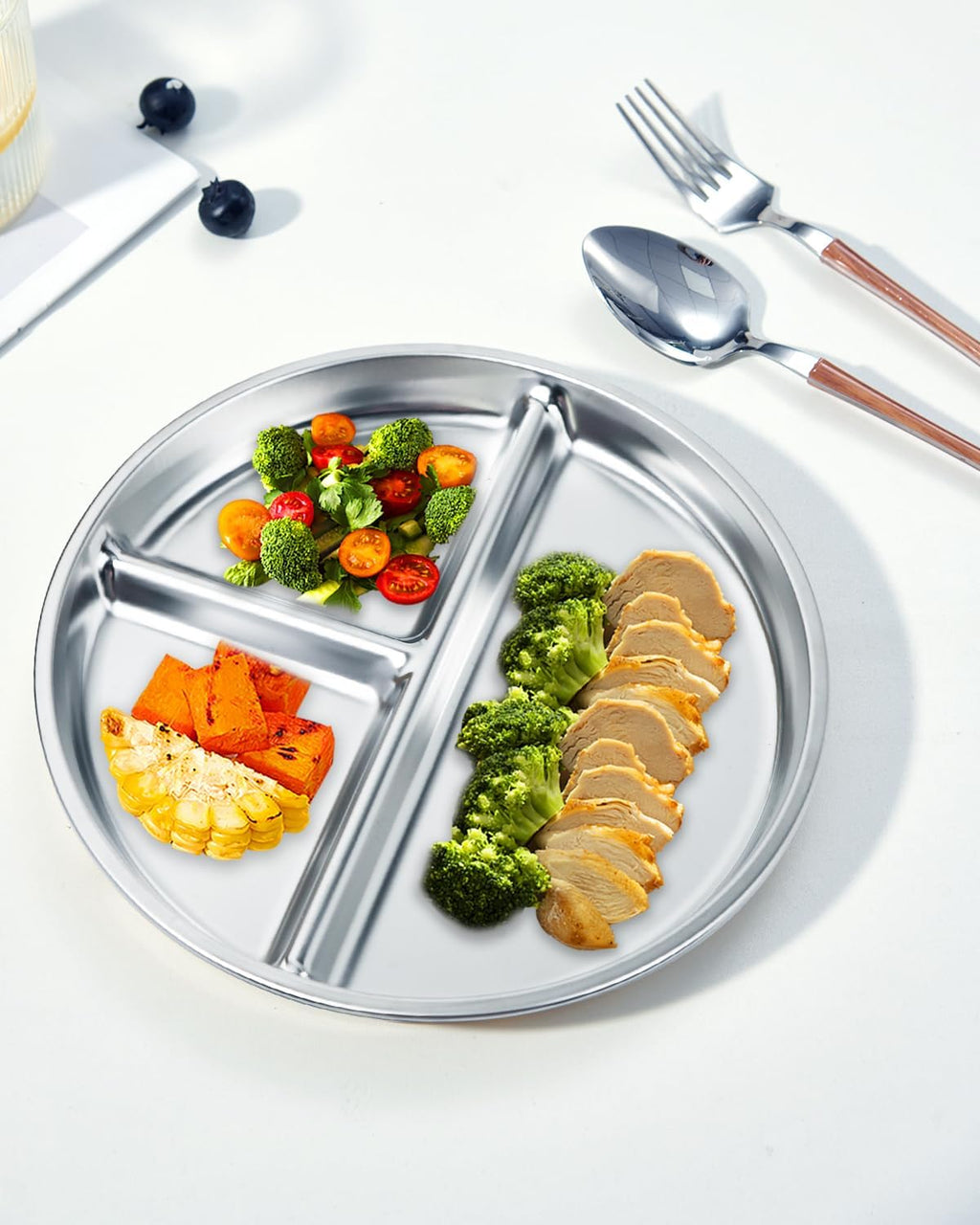 Bakpoco Stainless Steel Kids Plates Set of 4, 9" Portion Control Plates Divided Plate for Adults Toddlers Balance Lunch, Bariatric & Diabetic Diet, Non Toxic Camping Metal Snack Plate for Eating