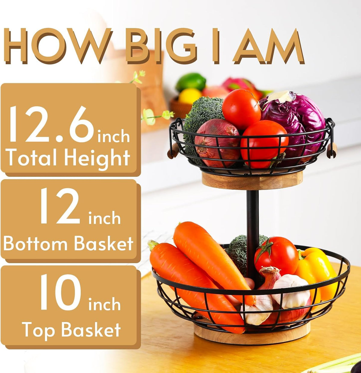 WILDMOS 2-tier Fruit Basket Bowl,Metal Basket with Wooden Base,Fruit and Vegetable Storage with Banana Hanger,Fruit Basket for Kitchen Counter Organizer.