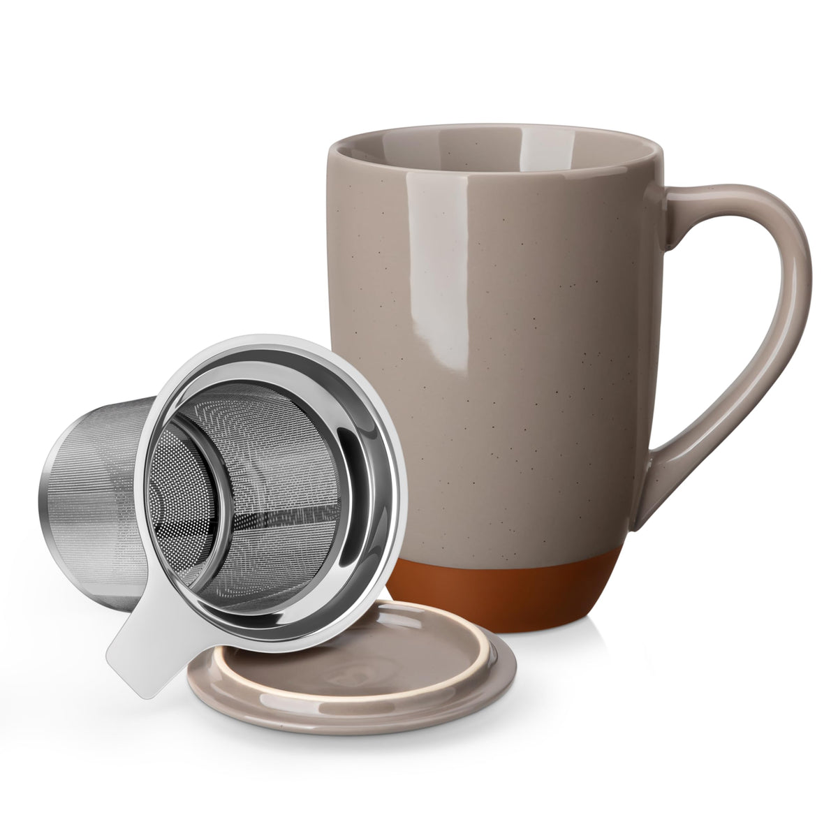 MALACASA Ceramic 18 oz Tea Mug with Lid and Infuser, Khaki White