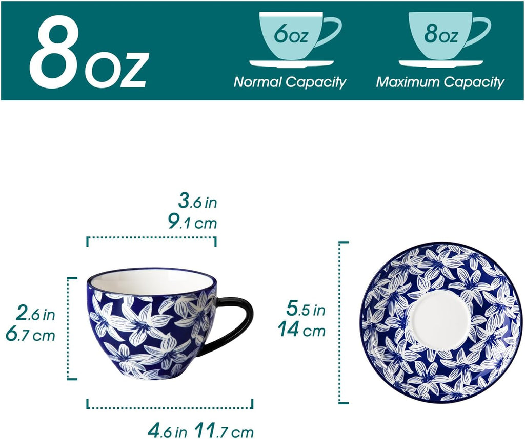 vancasso 8OZ Cappuccino Cups with Saucers, Porcelain Coffee Cups Set of 6