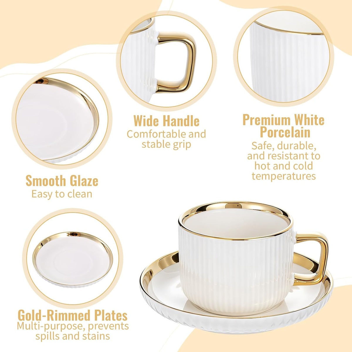 8.5oz Cappuccino Cups with Saucers Set of 6, Ceramic Coffee Cup and Saucer with Gold Rim, Vertical Ribbed Latte Mugs, White Porcelain Tea Cup Set for Wedding, Cafe, Party & Daily Use