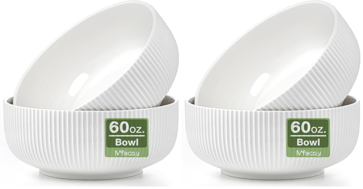 Mfacoy 2 Pack Salad Bowl, 8 inch 60 oz Large Serving Bowl Set, Deep Bowl for Kitchen, White Ceramic Bowl Set for Soup, Cereal, Ramen, Pasta, Salad, Dishwasher & Microwave Safe, Easy Clean
