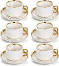 8.5oz Cappuccino Cups with Saucers Set of 6, Ceramic Coffee Cup and Saucer with Gold Rim, Vertical Ribbed Latte Mugs, White Porcelain Tea Cup Set for Wedding, Cafe, Party & Daily Use