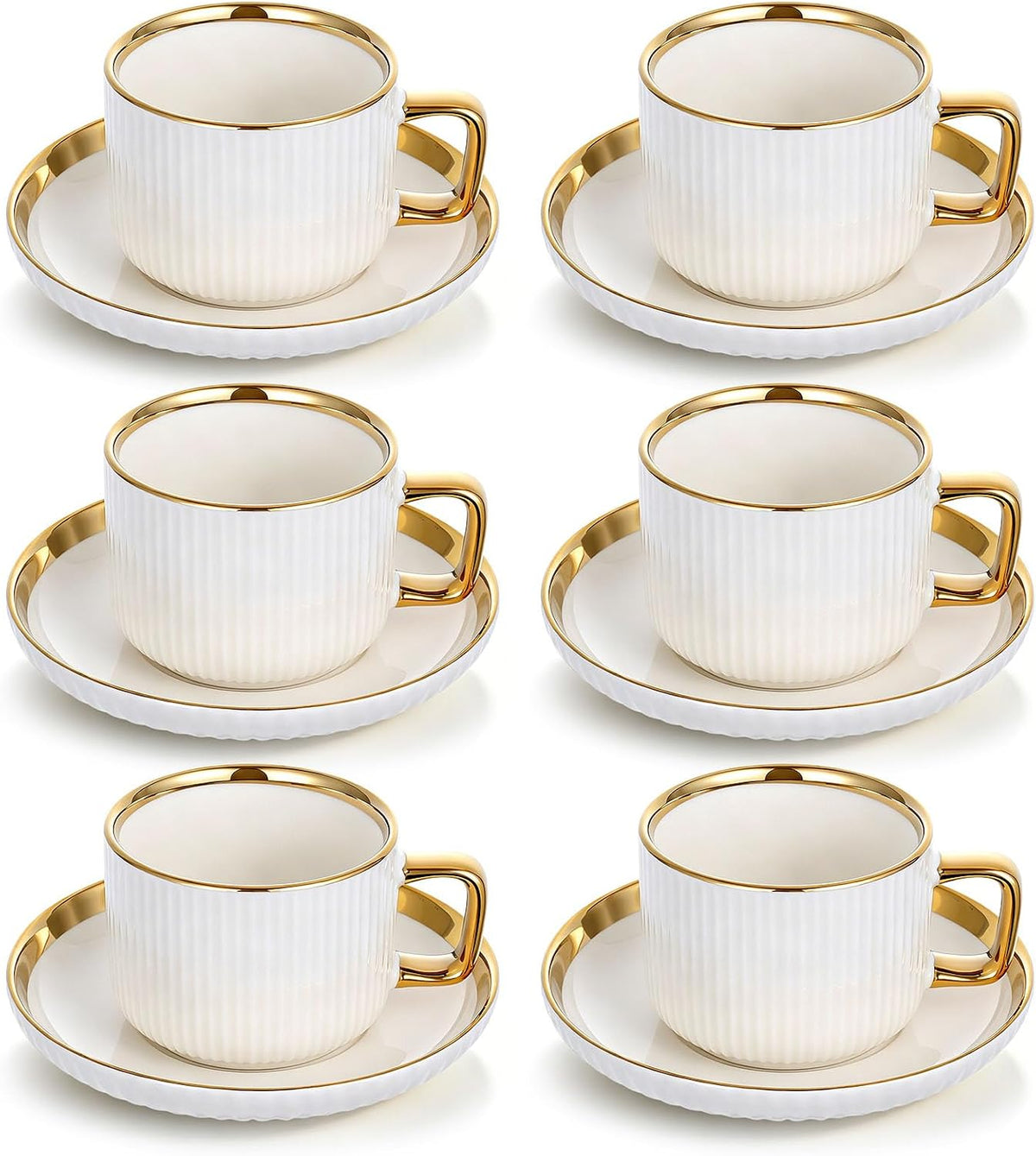 8.5oz Cappuccino Cups with Saucers Set of 6, Ceramic Coffee Cup and Saucer with Gold Rim, Vertical Ribbed Latte Mugs, White Porcelain Tea Cup Set for Wedding, Cafe, Party & Daily Use