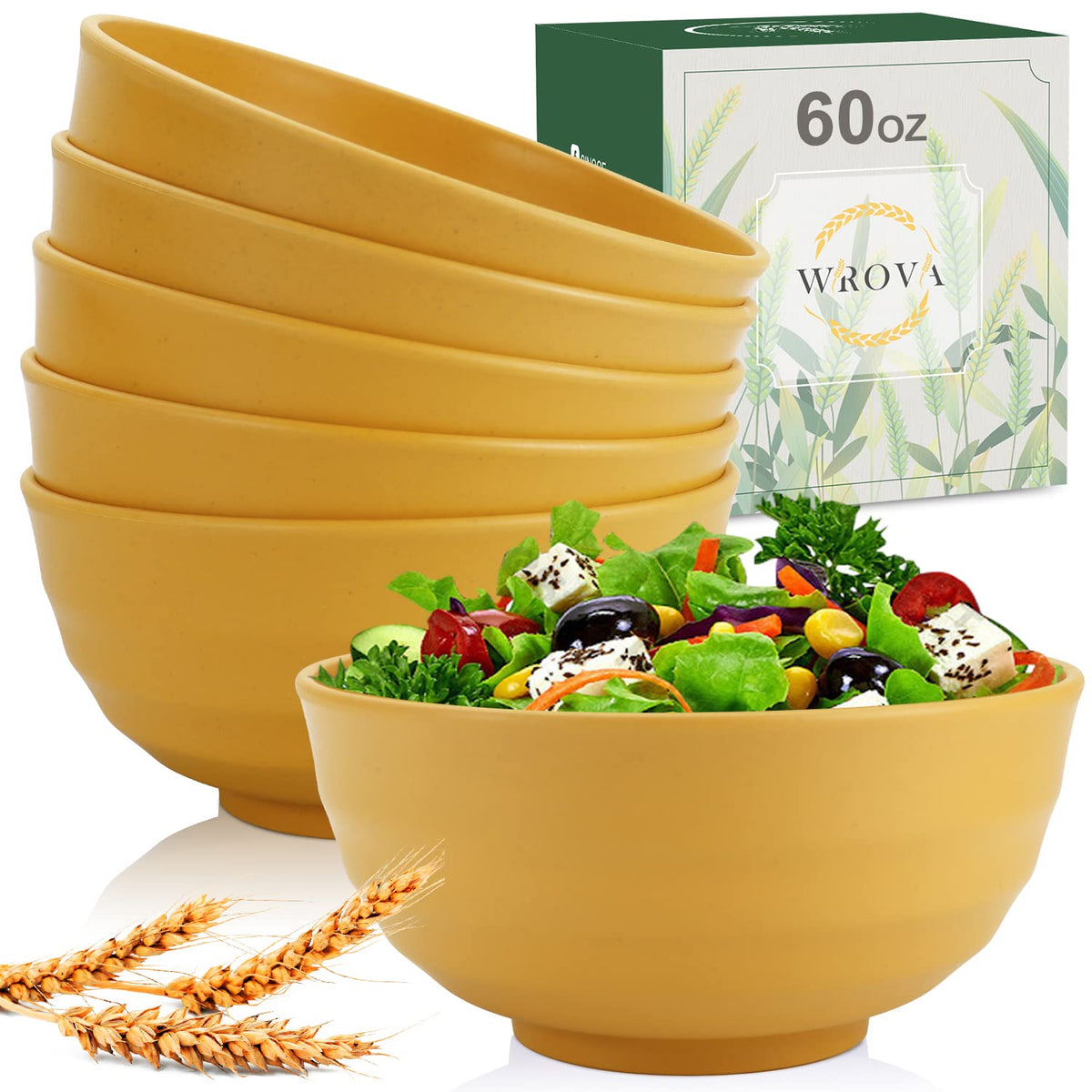 Wrova Wheat Straw Bowls Set 60 OZ Unbreakable Large Cereal Bowls Set of 6 Microwave and Dishwasher Safe Bowls Big Bowls for Camping and Picnic BPA Free Soup Bowl for Serving Oatmeal and Salad. Black