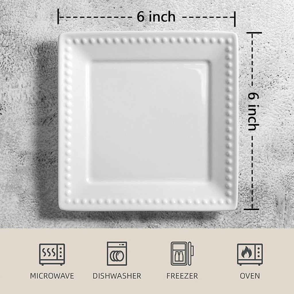 Embossed Ceramic Appetizer & Dessert Plates - Set of 6, 6 inch White Square Dinner Plates for Snack & Restaurant, Dishwasher & Microwave Safe
