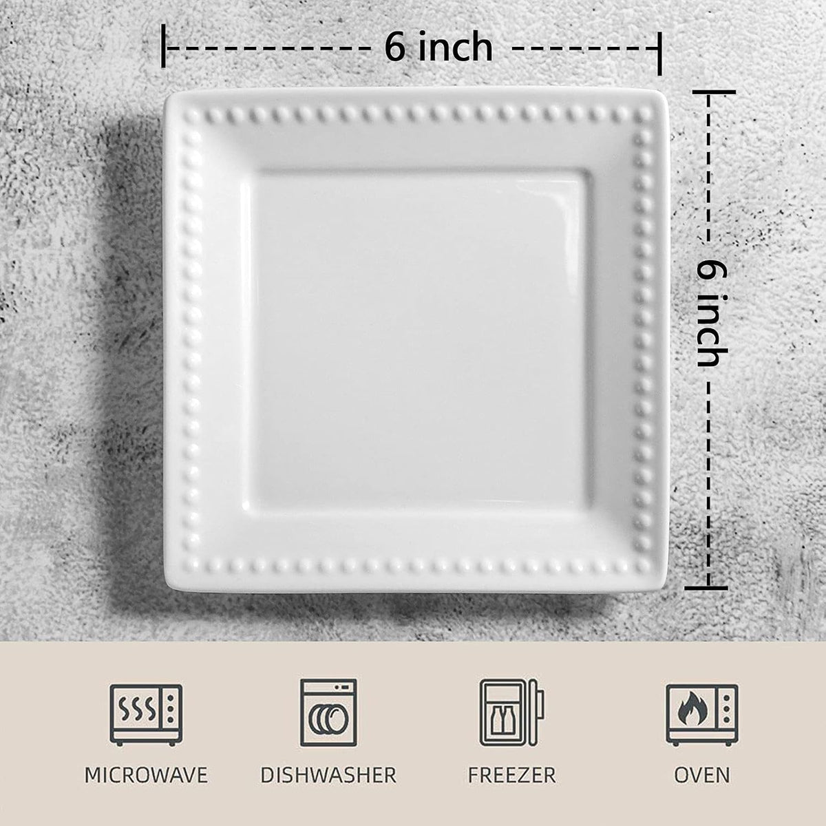 Embossed Ceramic Appetizer & Dessert Plates - Set of 6, 6 inch White Square Dinner Plates for Snack & Restaurant, Dishwasher & Microwave Safe