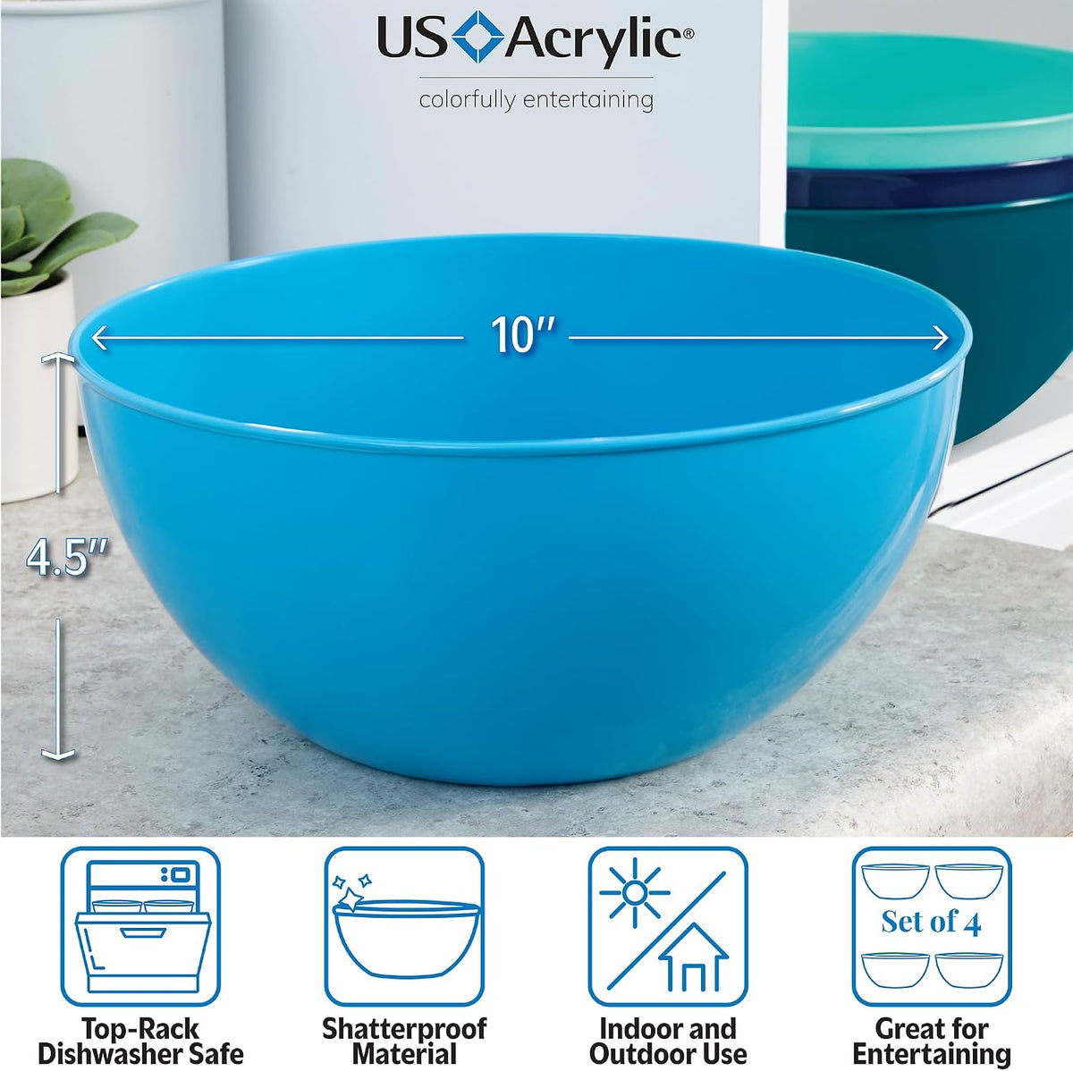 US Acrylic Vista Durable Plastic Salad and Serving 10-inch Bowls | Set of 4 in Coastal Colors | Reusable, BPA-free, Made in the USA | 135 oz. capacity