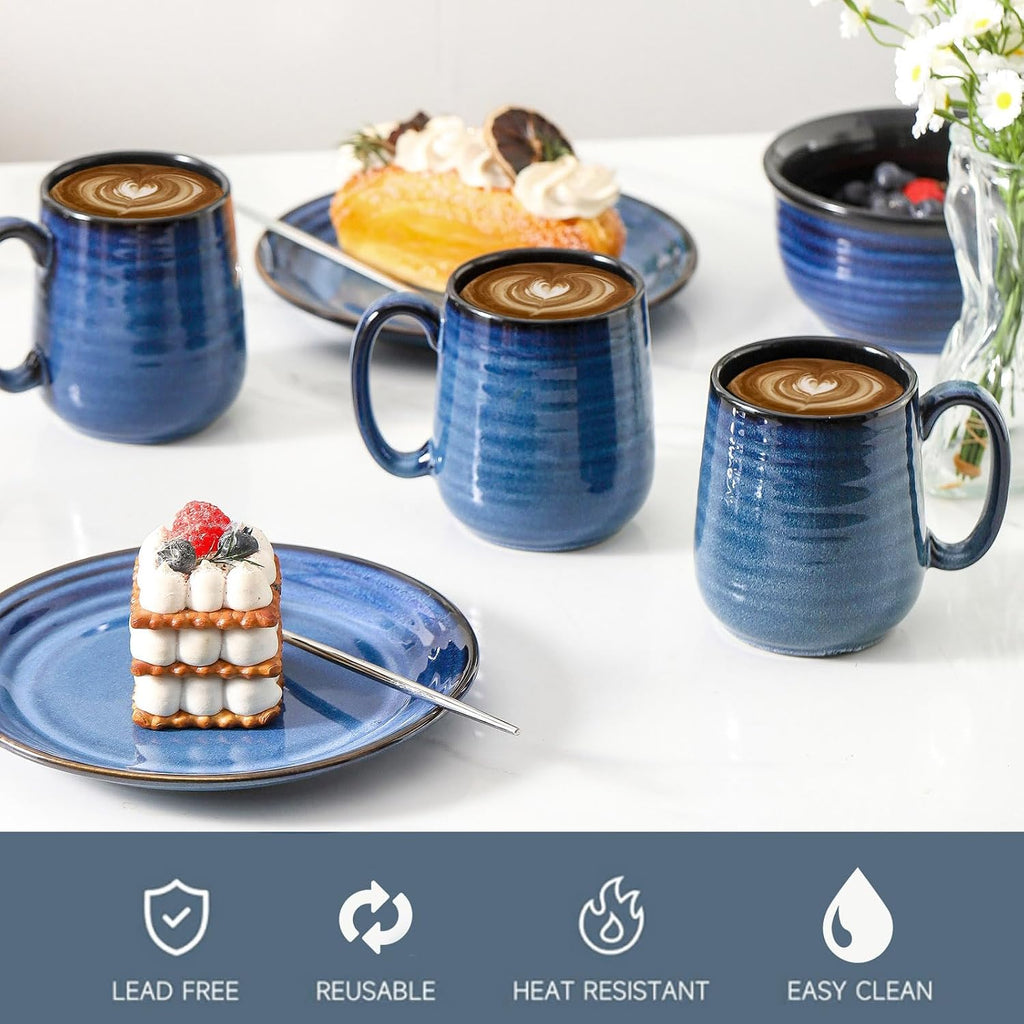 HASENSE Coffee Mugs, 15 Ounce Ceramic Coffee Mug Set of 6, Reactive Glaze Tea Cups with Handle for Milk, Hot Cocos, Latte, Stylish Blue Cup Gift for Man and Women, Dishwasher and Microwave Safe