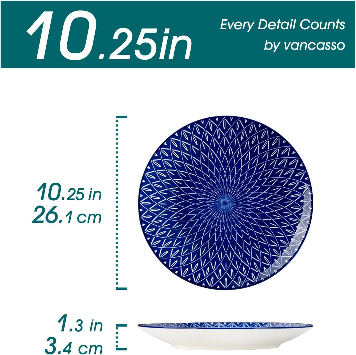 vancasso 10.25" Blue Dinner Plates Set of 6, Porcelain Vintage
