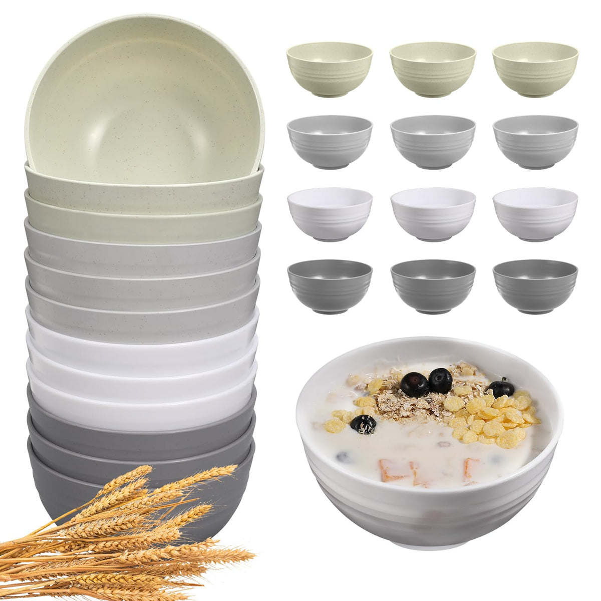 HEYCOME 12 Pcs Unbreakable Cereal Bowls Set, 26 Oz Wheat Straw Bowls Set, Microwave & Dishwasher Safe Rice Bowls for Kitchen, Reusable Plastic Bowls for Soup, Salad and Snack, BPA Free, Multicolor