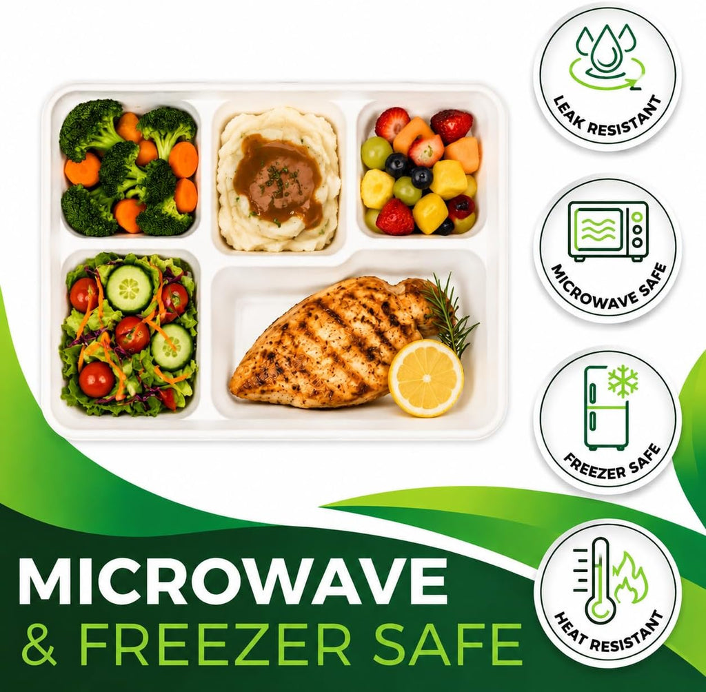 Large 5-Compartment Plate Disposable(12.5"x8.5"), 100 Plates, Disposable Paper Tray, Compostable Divided Dinner Plates, Paper Tray for Food and Party