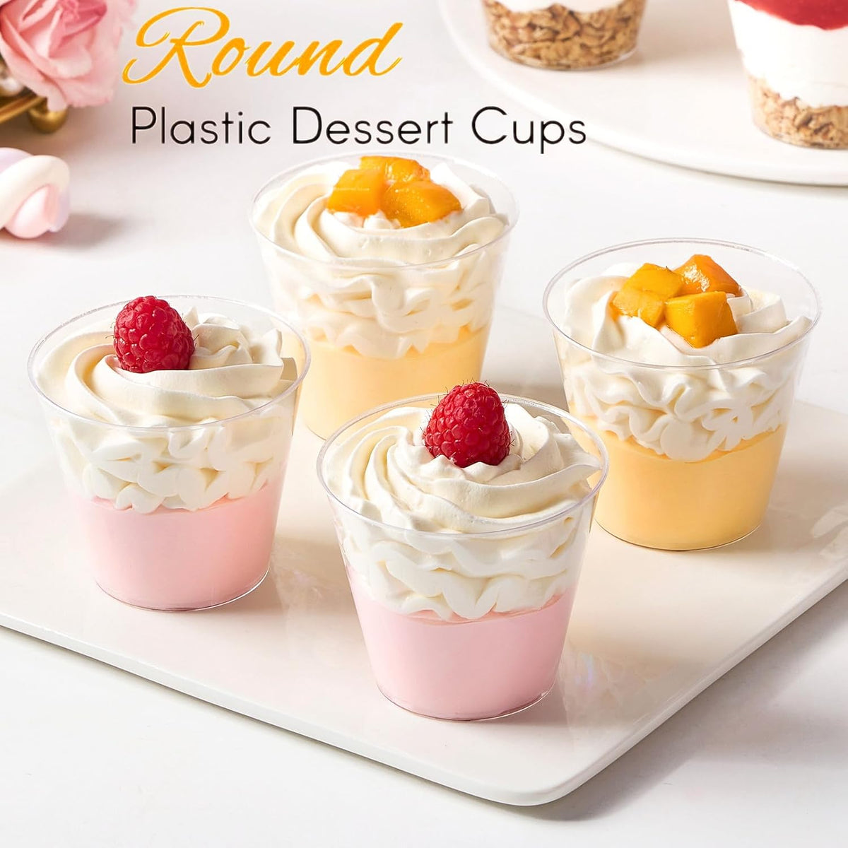 50 Pack 5 oz Plastic Dessert Cups with Spoons, Mini Mousse Cup Round Pudding Cups Party Serving Bowl for Cocktails Appetizers Fruit Parfait and Trifle