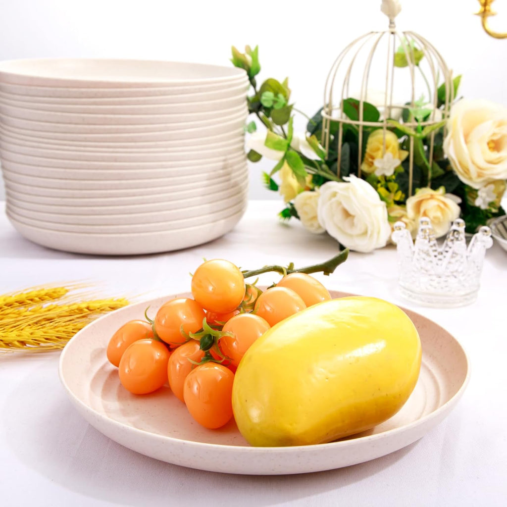 LIYH 20 Pcs 9 Inch Wheat Straw Plastic Plates Reusable for Dinner - Beige